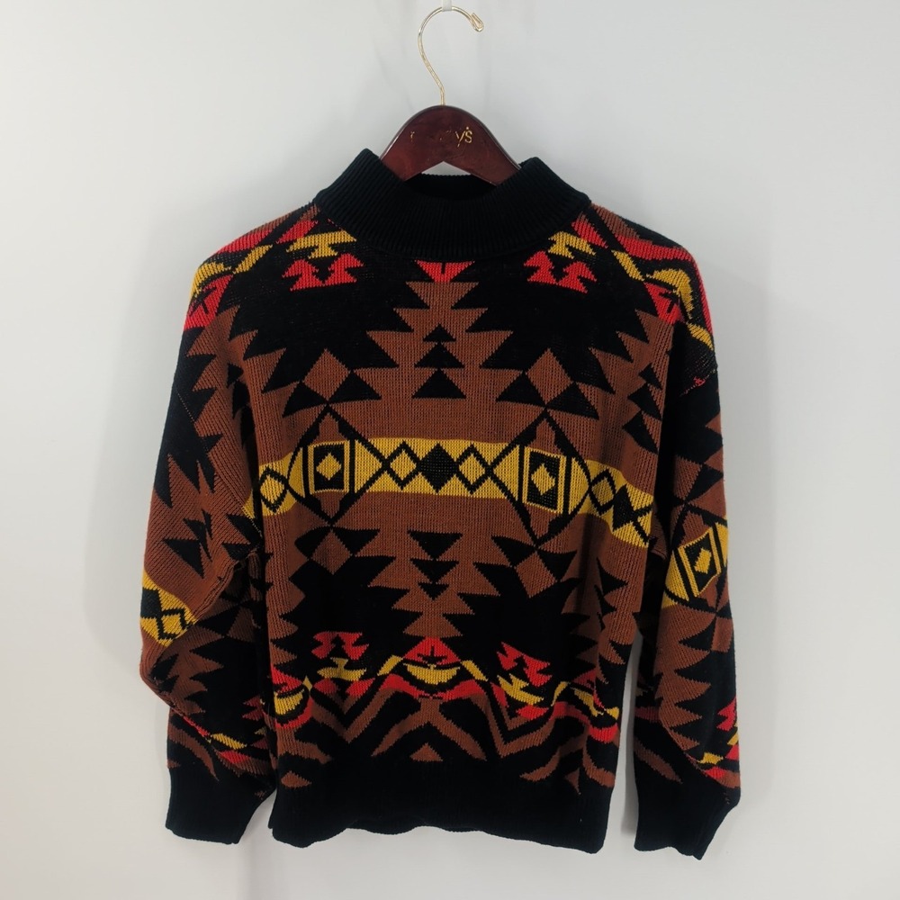 Vtg Rafferty High Neck Acrylic Knit Aztec‎ Pullover Jumper Sweater Multicolor L